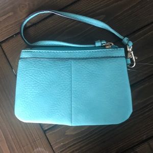 Blue Wilson’s Leather Black Rivet wristlet